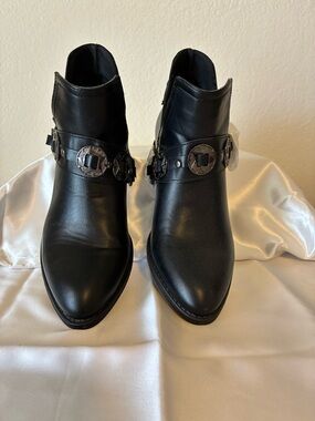 New G.C. Classic Black Leather Ankle Booties with Decorative Medallion Strap